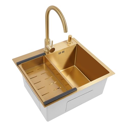 Fregadero de cocina de acero inoxidable 50x45 cm, fregadero de cocina de 1 seno, fregadero empotrable con grifo y escurridor, dorado