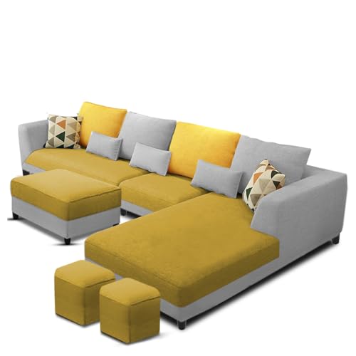 Image of Galib RHS 8 Seater L Shape Sofa Set for Living Room (Yellow Grey Fabric) Premium Fabric Sofa