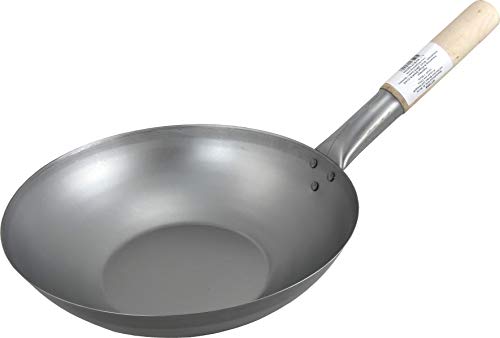 JADE TEMPLE Wok aus Carbonstahl, mit flachem Boden und 30 cm Durchmesser, mit rundem Holzgriff, Grau