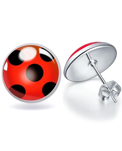 Red Ladybird Earring Studs Black Spots Silver Bug Earrings for Halloween Christmas Birthday Cosplay