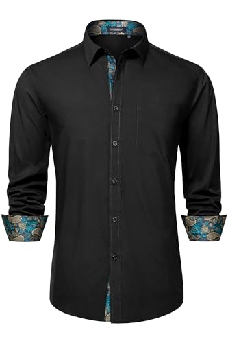 Image of HISDERN Mens Business Dress Shirts Long Sleeve Casual Button Down Shirt Formal Inner Collar Contrast Shirt for Men Wedding