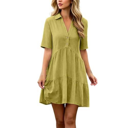 Vestido de verano para mujer, vestido de lino, manga corta, cuello en V, línea A, con botones, largo hasta la rodilla, monocolor, vestido de volantes, ligero y aireado, vestido de playa, O Verde, XXXL