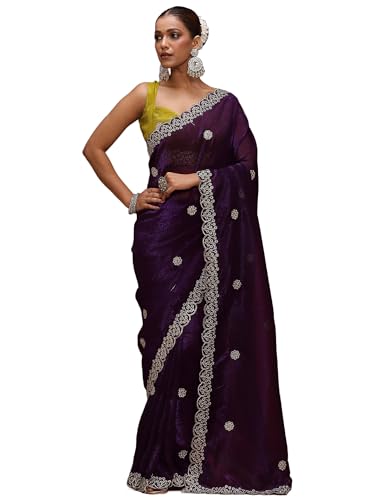 Image of AKHILAM Women's Tissue Embellished Saree With Unstitched Blouse Piece (RANI4701 RN Parent)