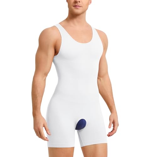 SOLCYSX Mens Sleeveless Full Body Shaper Underwear Slimming Compression Bodysuit Shapewear Tummy Control Fajas Para Hombres (White, M-L)