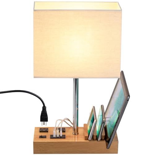 Briever Upgraded 3 USB Table Lamp with 2 USB A & C Charging Ports, Bedside Desk Lamp with 2 AC Outlets and Wooden Phone Stand Organizer, Nightstand Lamp for Bedroom, Living Room, Office, Natural Wood