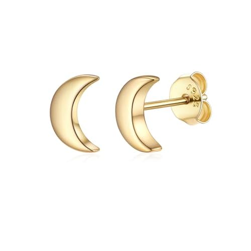 PROSILVER 925 Sterling Silver Studs Earrings for Women, Hypoallergenic Earrings Silver/Gold/Black Flat Back Stud, Heart/Moon Cute Earings Jewelry Moon-Gold