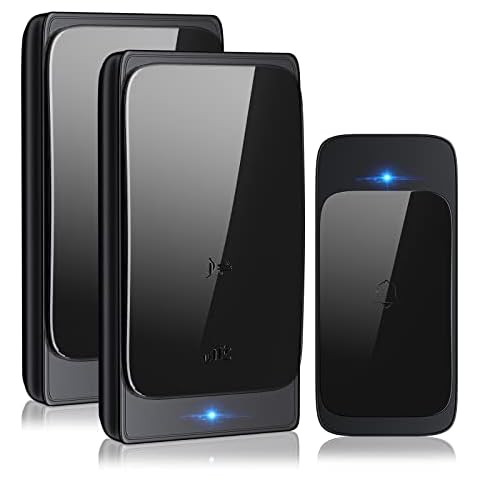 Wireless Doorbell with 2 Receivers, RIIKUNTEK Door Bell with 900ft Long Range, Waterproof Wireless Door Bell Kit, Wireless Door Chime with 38 Melodies, 4-Level Volume, Blue LED Light, Black Cover