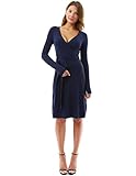 PattyBoutik Women's V Neck Faux Wrap Long Sleeve Knit Dress (Navy Blue S)
