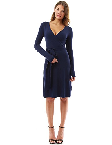 PattyBoutik Women V Neck Faux Wrap Long Sleeve Knit Dress (Navy Blue Small)