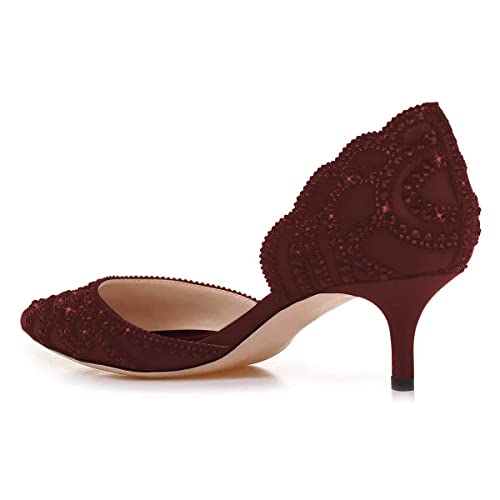 Image of XYD Women's Pumps, Elegant Pointed Toe, D'Orsay Kitten Low Heels, Rhinestone Studs, Slip-On Satin Shoes for Wedding