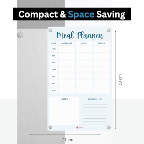 Image of Acrylic Weekly Meal Planner Magnetic Fridge and Todo Board with 2 Marker - A4 Size | Premium and Durable | Perfect for Meal Planning, Shopping Lists, Notes, Home and Office use - Blue