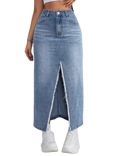Image of GRECIILOOKS Women's High Waist Denim Skirt with Front Slit - Long Maxi Jean Skirt Casual Fashion - Stylish Denim Skirts for Women