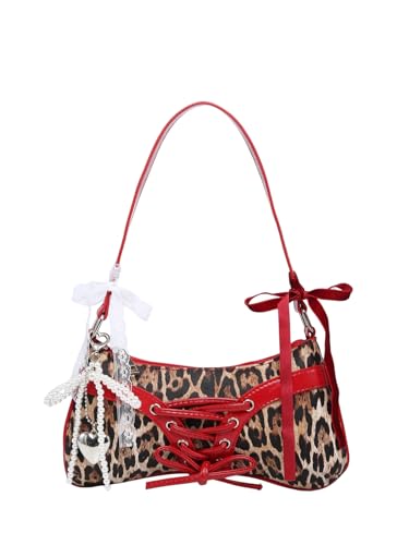 Verdusa Women's Y2K Purse Coquette Bow Tie Vintage Shoulder Bags Lace PU Leather Kawaii Handbag Brown Multicolor One Size