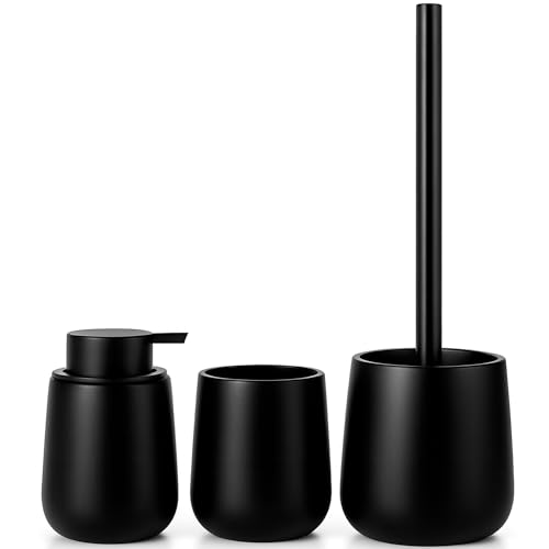 LARDECOR - Set de Baño Moderno de 3 Piezas, Accesorios de Resina | Dispensador de Jabón 380 ml + Vaso para Cepillos de Dientes + Escobilla de Inodoro, Juego de Aseo Diario, Libre de BPA (Negro)