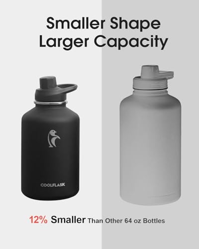 Image of Coolflask 64 oz Water Bottle Insulated with PU Leather Sleeve & 3 Lids