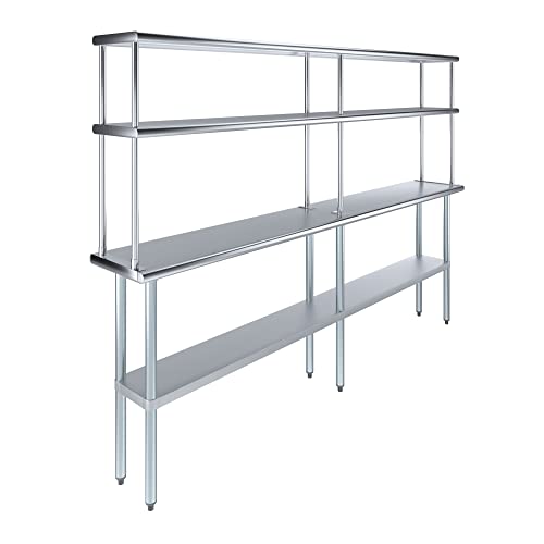 Image of AmGood Stainless Steel Work Table with 12 inch Wide Double Tier Overshelf | Metal Kitchen Prep Table & Shelving Combo | NSF (Stainless Steel Table with Double Overshelves, 96 inch Long x 14 inch Deep)