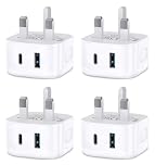 USB C Fast Charge Plug,4 Pack Dual Port USB A and USBC Charger Plugs Adaptor UK Wall Charge for iPhone 17 Pro Max 16e 16 Plus Pro Max 15 14 13 12 11 SE Watch iPad Pro Mini Air,Type-C Ports Charging