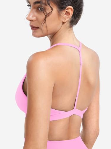 Image of YEOREO CoreFlex Sports Bras for Women Strappy Padded Halter Open Back Light Impact Deep V Neck Yoga Workout Gym Tops