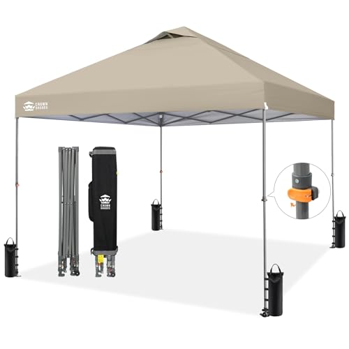 Image of CROWN SHADES Adjustable Height on The Fly, 10x10 Pop Up Canopy - Beach Tent with One Push Setup - Easy Outdoor Sun Shade for Events, Parties, Camping - Outside Shade with STO-N-Go Bag, Khaki