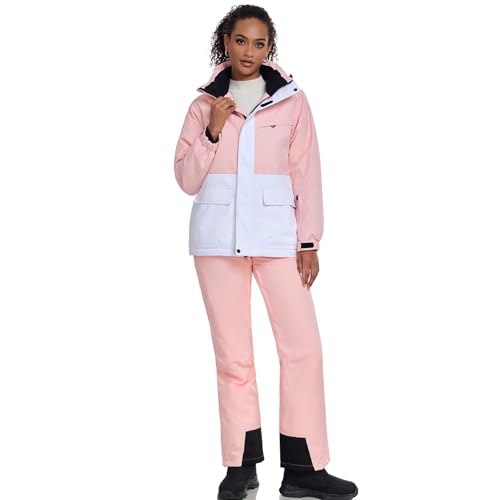 RIUIYELE Women's Ski Jackets and Pants Set Waterproof Insulated Snowsuit Winter Warm Skisuit Fashion Snowboarding Snow Coat (Pink+Pink,XL)