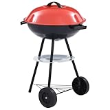 Kugelgrill 44cm XXL Holzkohlegrill mit Deckel & Rädern, Tragbarer BBQ Grill mit Lüftungsschieber & Aschelade, Mobiler Campinggrill mit Ablagefach, Schwarz-Rot