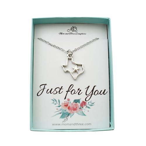 MOM & THREE DAUGHTERS Texas Charm with Star Women's Necklace in Silver Toned Metal | Handmade 16 Inch Stainless Steel Cable Chain with Two Inch Extender | Lone Star State |