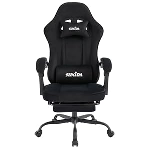 Gaming Stuhl Stoff, Ergonomischer Gaming Chair mit Fußstütze, Verstellbarer Racing Computerstuhl mit Lordosenstütze, Schwarz Ergonomisch PC-Stuhl