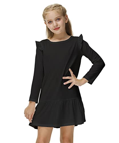Ruffle Dresses For Girl Long Sleeve Rffle Trim Casual Cute Spring Fall Shift Dress Black 9-10 Years #TOP1