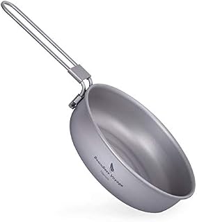 iBasingo Camping Titanium Frying Pan for Fried Egg Steak Lightweight 1 Person Skillet Griddle Outdoor Hiking Small Plate Dish Bowl Kitchen Cookware with Folding Handle Ti2061C