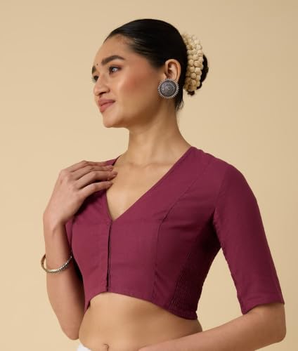 Image of Studio Shringaar Women's Thick Handloom Cotton Plain Side Stretch (Smocked) Readymade Saree Blouse
