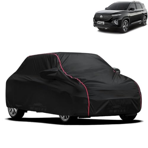 Image of Waterproof Car Cover for MG Hector Plus | All-Weather Protection, Dustproof & UV Resistant | Triple Stitched Mirror Pockets, Windproof Buckle Strap with Elastic Hem, Black-Red Piping