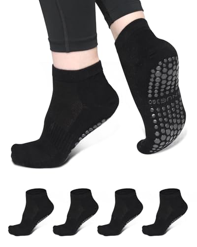 SNUG360 Pilates Grip Socks for Women 4 Pairs Non-Slip Cotton Grip Socks with Silicone Grips for Yoga Barre Workout & More (Black)