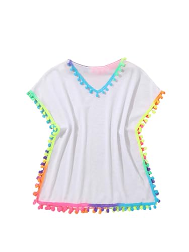 SHENHE Girl's Bathing Suit Cover Up V Neck Cute Pompom Tassel Sheer Swimsuit Coverup