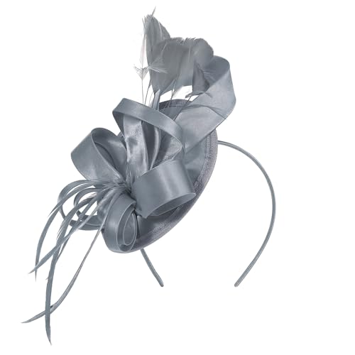 Century Star Kentucky Fascinator-Derby Hats for Women 2026 - Feather & Ribbon Hair Clip Headband Tea Party Wedding Church Hat Silver Grey