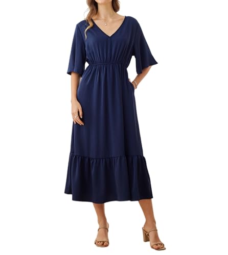 Image of Women's Summer Short Sleeve Maxi Floral Flowy Dresses with Pockets
