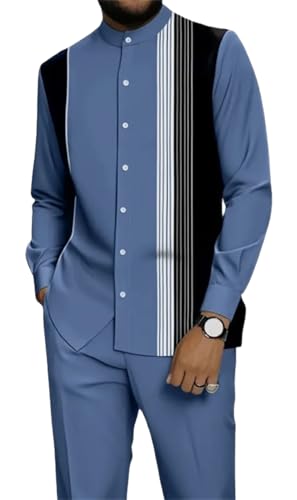 TIFIYA Men's 2 Piece Stand Collar Fashion Shirts Suit,Minimalist Line Print Business Leisure Walking Sets TM126-16-S