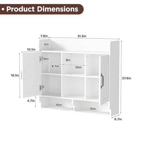 Image of FiveWillowise White Bathroom Wall Cabinet, Wall Mount Storage Cabinet, Floating Medicine Cabinet with 5 Open Shelves and 2 Deep Cabinets Over The Toilet for Laundry Room, Kitchen