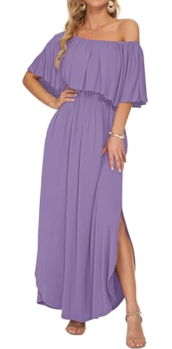 Image of AUSELILY Womens Off Shoulder Ruffle Split Summer Maxi Dresses with Pockets | Off-shoulder Ruffle dress with empire waist & side split for summer beach and casual parties