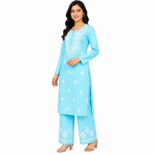 Image of Women's Chikankari Embroidered Straight Kurta with Palazzo Set, Traditional Kurti Bottom Set |Round Neck Full Sleeve Outfit for Daily,Office, Festive & Casual