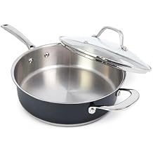 HOMICHEF 10.5 Inch Blue-Gray Nickel Free Saute Pan with Lid - 3 Quart Non Toxic Frying Pan, Induction/Oven Safe, Matte Polished Stainless Steel