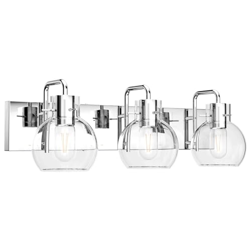 Image of Tipace Modern Bathroom Vanity Lighting Fixtures 3-Lights Industrial Stainless Steel Chrome Finish with Globe Clear Glass Vanity Lights Farmhouse Bath Lighting(Exclude Bulb)