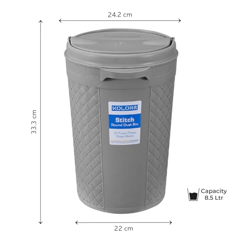 Image of KOLORR Stitch Round Plastic Dustbin with Swing Lid 8.5 Litres, Trash Bin, Garbage Waste Bin For Home, Bathroom, Kitchen, Office, Bedroom Grey Color
