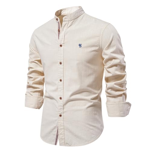 Dress Shirts for Men Casual Banded Collar Button Down Long Sleeve Shirts Solid Stretch Cotton Dress Shirts Muscle Fit Mens Holiday Shirts Khaki 2XL