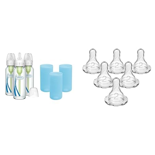 Dr. Brown's Anti-Colic Options+ Narrow Glass Baby Bottles 8oz and Level 1 Slow Flow Nipple, 3-Pack 0m+ and Blue Silicone Sleeves and Level 2 Medium Flow Nipple, 6 Pack 3m+