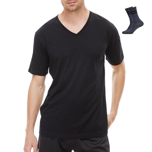 MERINNOVATION Everyday - Camiseta de manga corta para hombre, transpirable e inodora, lana merino, capa base + calcetines de lana merino, Negro V, M