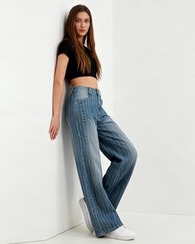 Flvsun Women Y2K Striped Jeans Mid Waist Button Wide Leg Casual Denim Pants Retro L — view 5