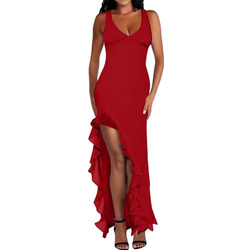 GOKKILRW Women's Party Bodycon Dress 2025 Sexy V Neck Mesh Ruffle Side Split Cocktail Wedding Guest Maxi Dresses