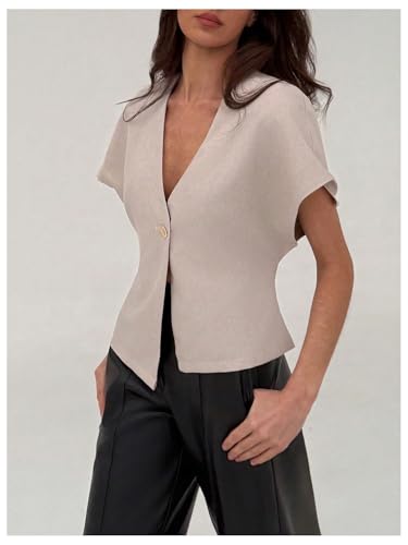 MakeMeChic Women's V Neck Blazer Top Single Button Short Sleeve Plain Office Suit Blazers2