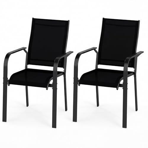 Image of Giantex Patio Chairs Set of 2, Stackable Outdoor Dining Chairs with Breathable & Quick-Dry Mesh Fabric, Armrests, Backrest for All Weather, Lawn, Backyard, Poolside, Porch, 350 LBS Capacity