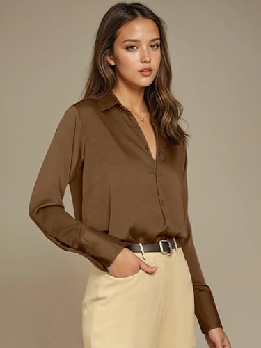 Image of Aahwan Women Satin Regular Fit Black Solid Button Up Drop Shoulder Officewear Casual Formal Long Sleeve Shirt
